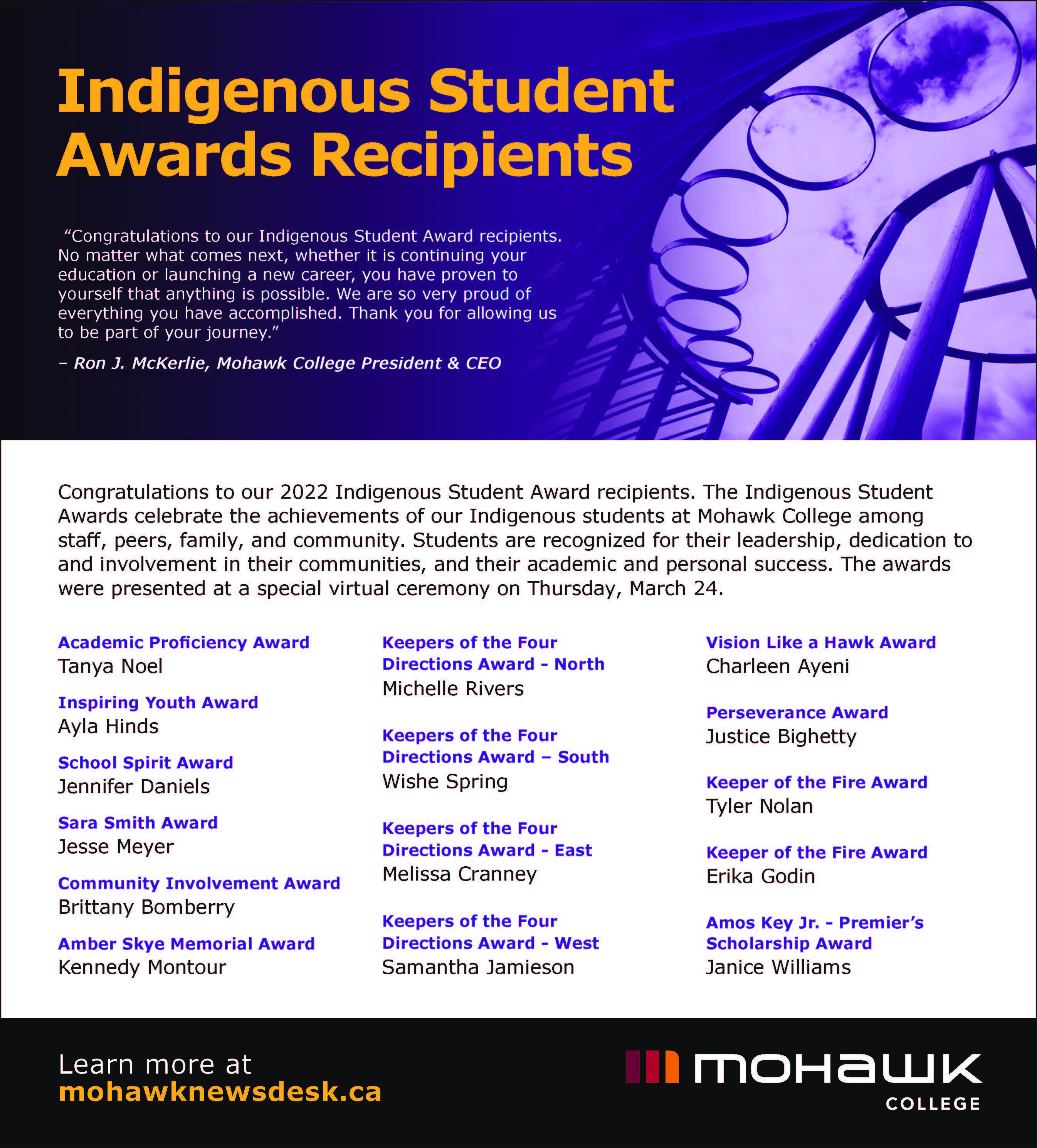 Indigenous Student Awards (FNMI) Mohawk College